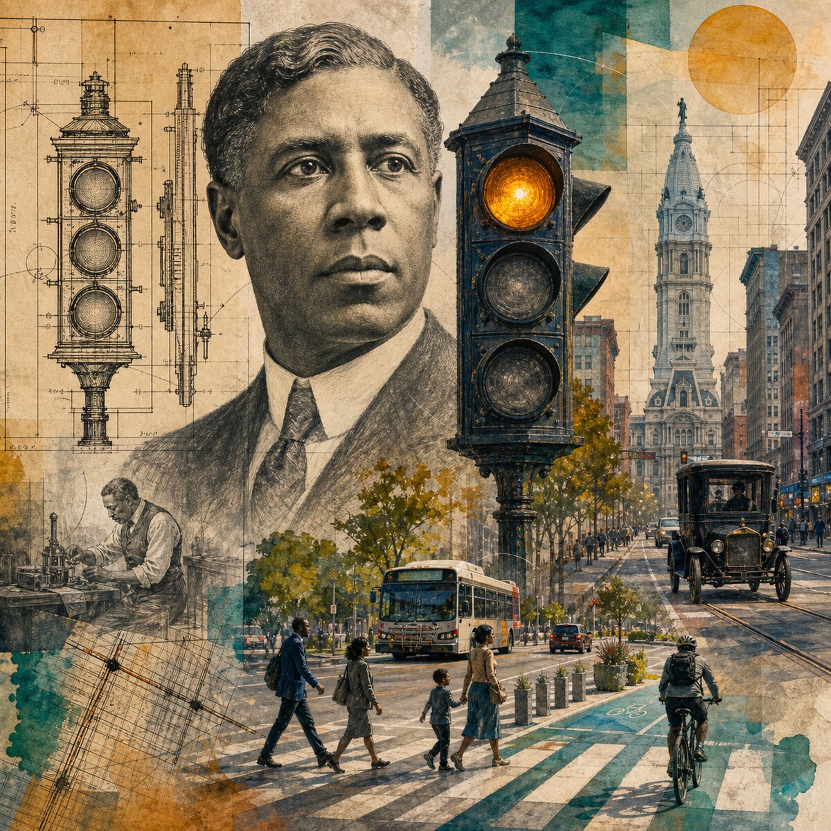Editorial collage illustration of a signal light with rail lines and Philadelphia map textures.