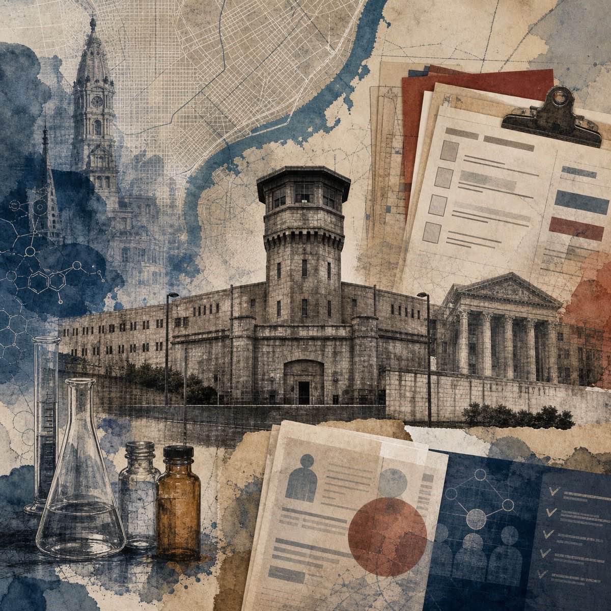 Editorial collage illustration of a prison facade, archival paper textures, a clinical research form motif, and a Philadelphia map layer—without any text.