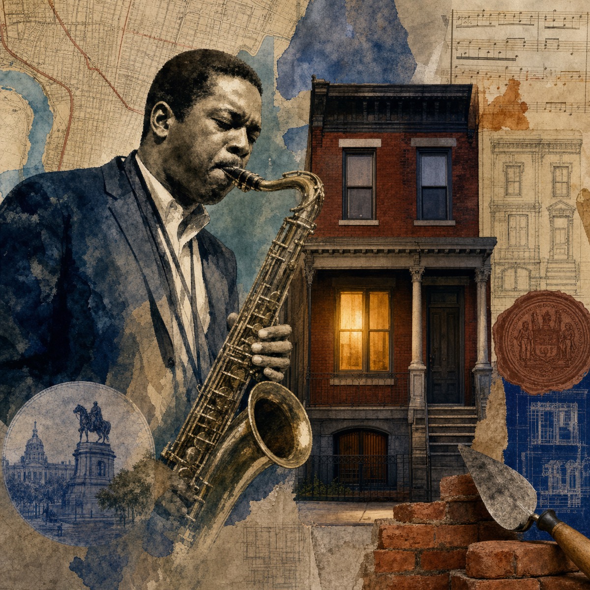 Editorial collage illustration of John Coltrane with a saxophone layered over a Philadelphia rowhouse facade, archival map textures, and warm restoration light—without any text.