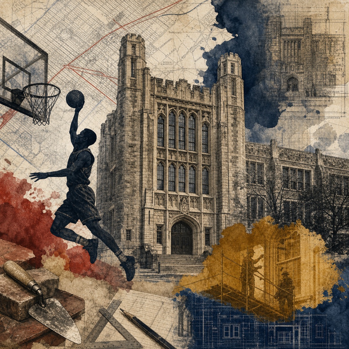 Editorial collage illustration of Overbrook High School’s stone façade, a basketball hoop silhouette, and layered maps and budget documents in muted civic colors.