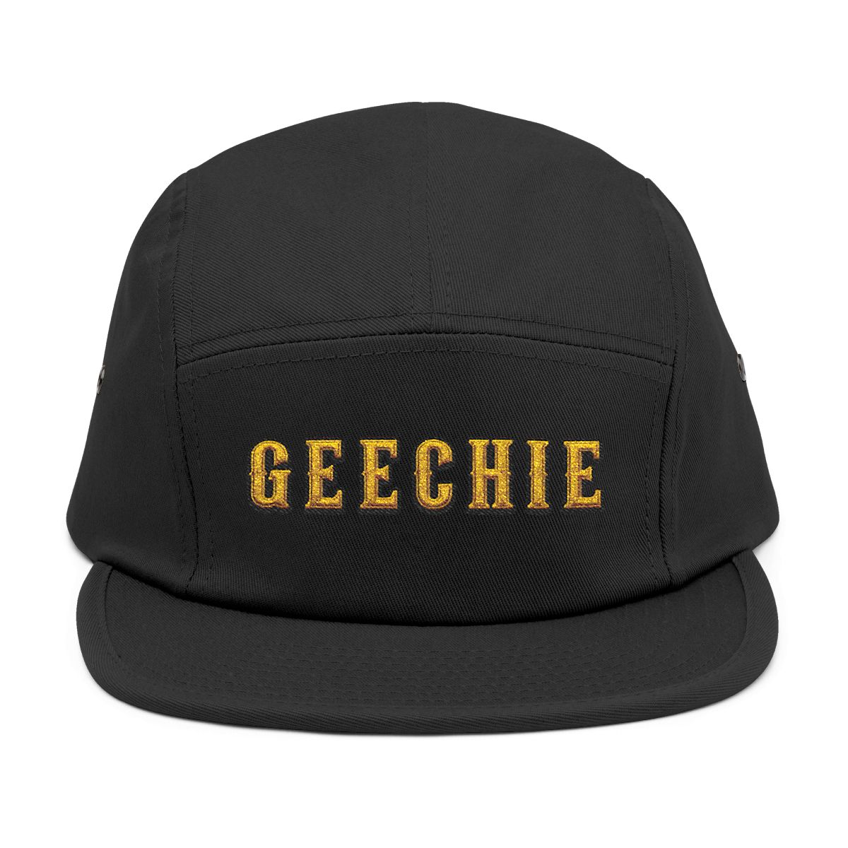 GEECHIE Black Embroidered 5-Panel Cap | Gullah Geechee Heritage Streetwear Hat