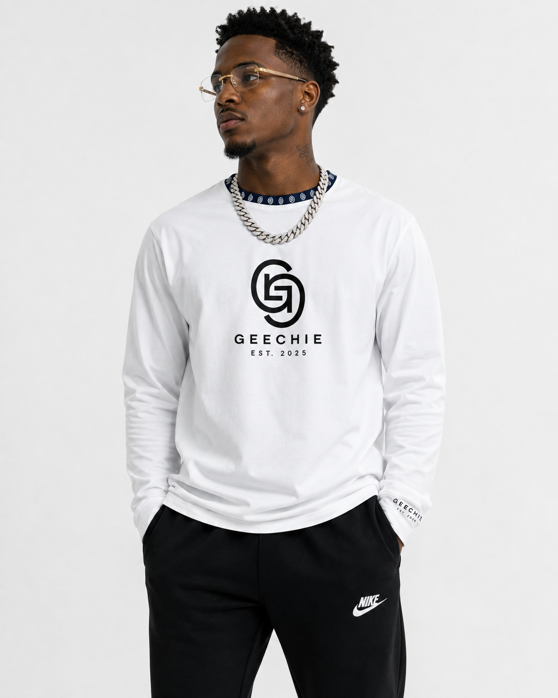 GEECHIE Premium Performance Logo Long Sleeve Shirt — White model mockup