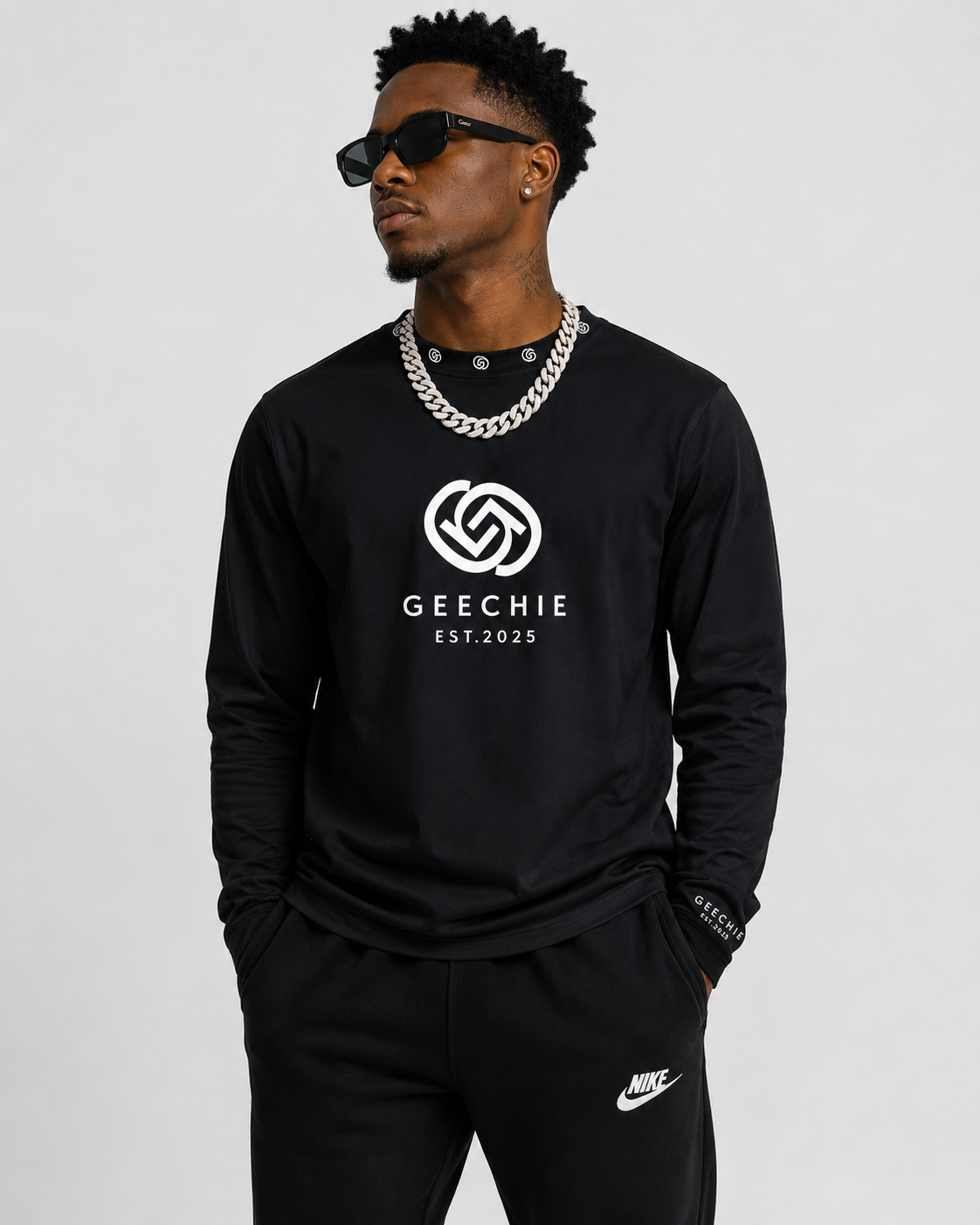 GEECHIE Premium Performance Logo Long Sleeve Shirt — Black model mockup