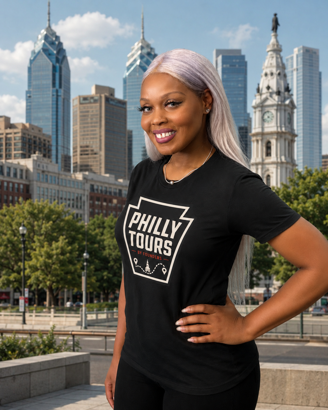 Nia Stallworth-Rawls wearing a Philly Tours shirt with Philadelphia City Hall behind her