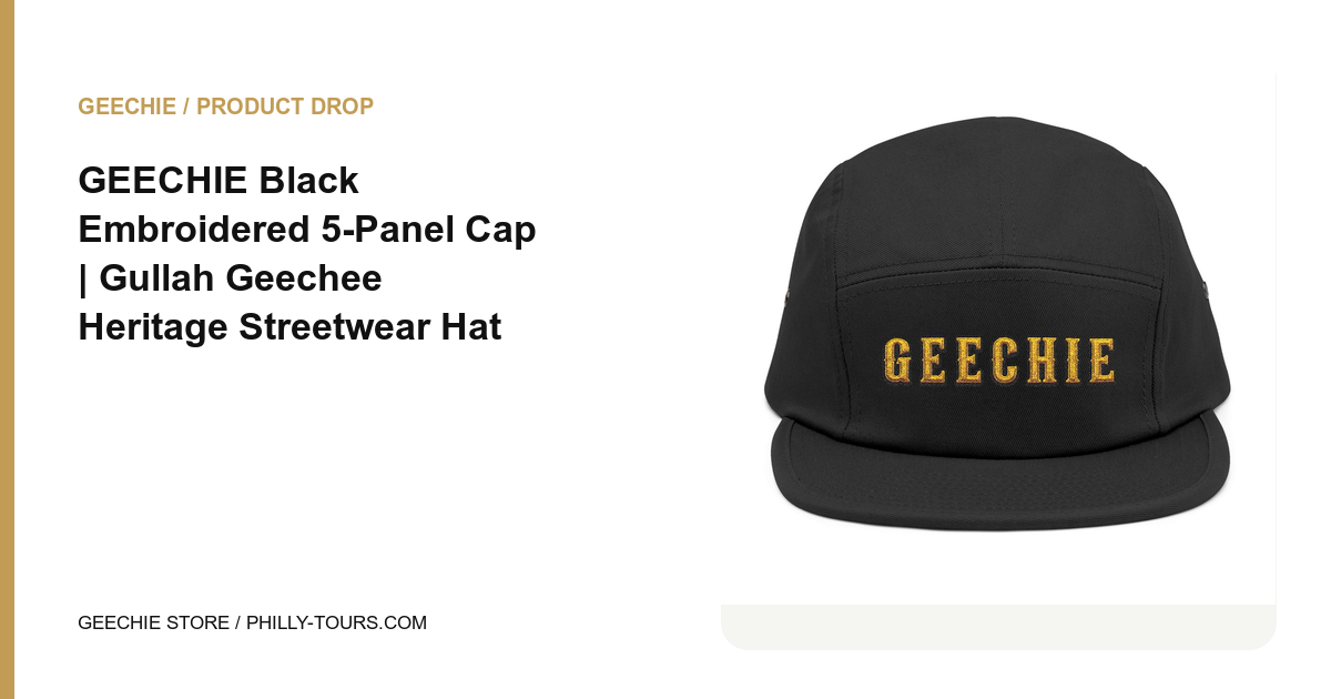 GEECHIE Black Embroidered 5-Panel Cap | Gullah Geechee Heritage Streetwear Hat