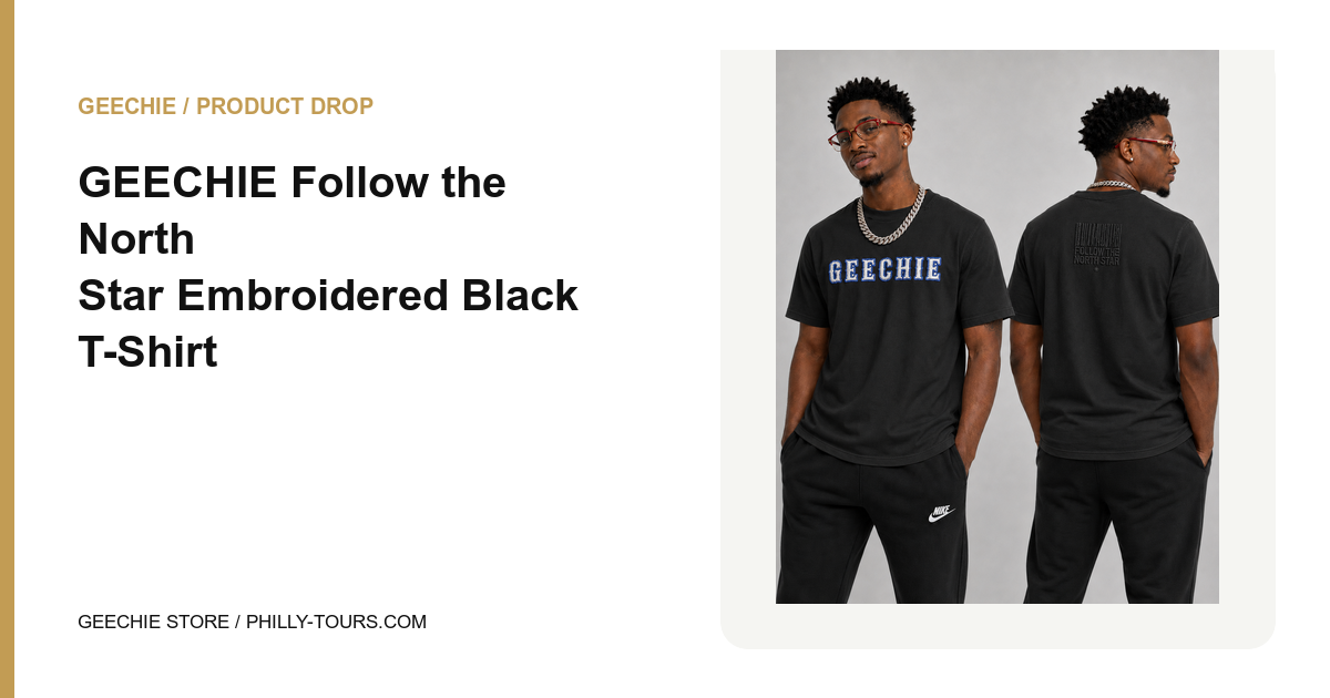 GEECHIE Follow the North Star embroidered black T-shirt with white, blue, and tonal black front and back embroidery.