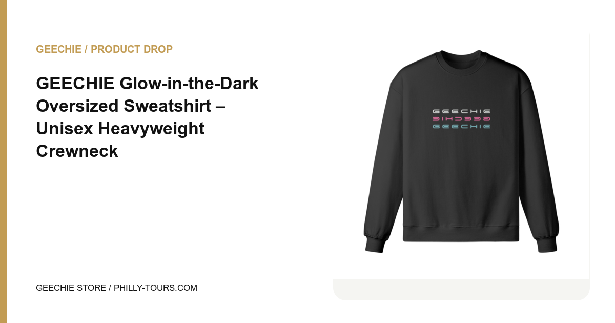 Black GEECHIE glow-in-the-dark oversized sweatshirt shown from the front and back with luminous pink, aqua and icy white lettering. White GEECHIE glow-in-the-dark oversized sweatshirt shown from the front and back with luminous pink, aqua and icy white lettering.