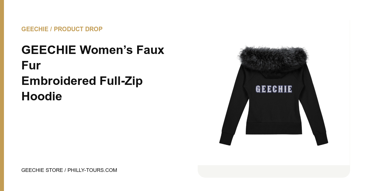 GEECHIE Women’s Faux Fur Embroidered Full-Zip Hoodie shown in black and light gray with plush trim and signature embroidery.