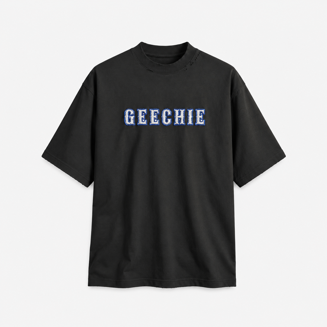 GEECHIE Follow the North Star embroidered black T-shirt with white, blue, and tonal black front and back embroidery.
