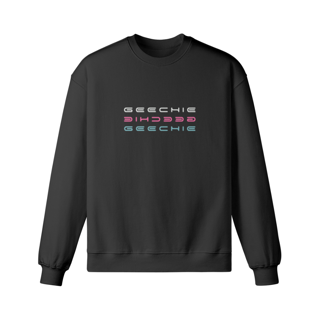 Black GEECHIE glow-in-the-dark oversized sweatshirt shown from the front and back with luminous pink, aqua and icy white lettering. White GEECHIE glow-in-the-dark oversized sweatshirt shown from the front and back with luminous pink, aqua and icy white lettering.