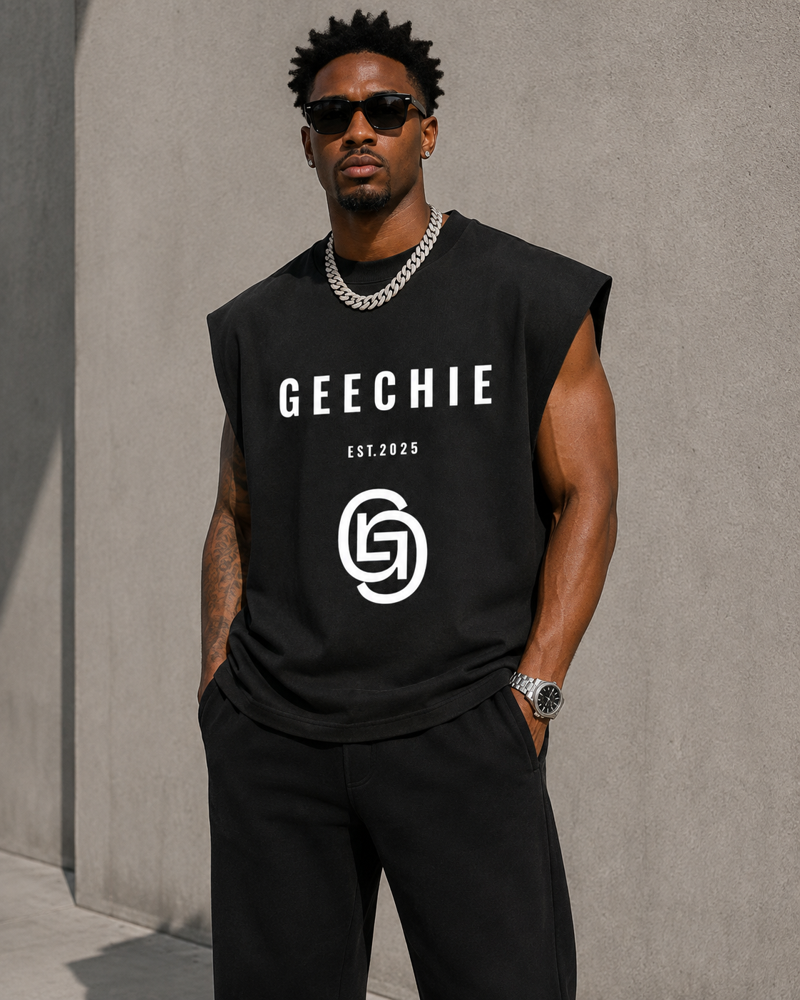 GEECHIE Oversized Sleeveless Muscle Tee — Black color mockup 1