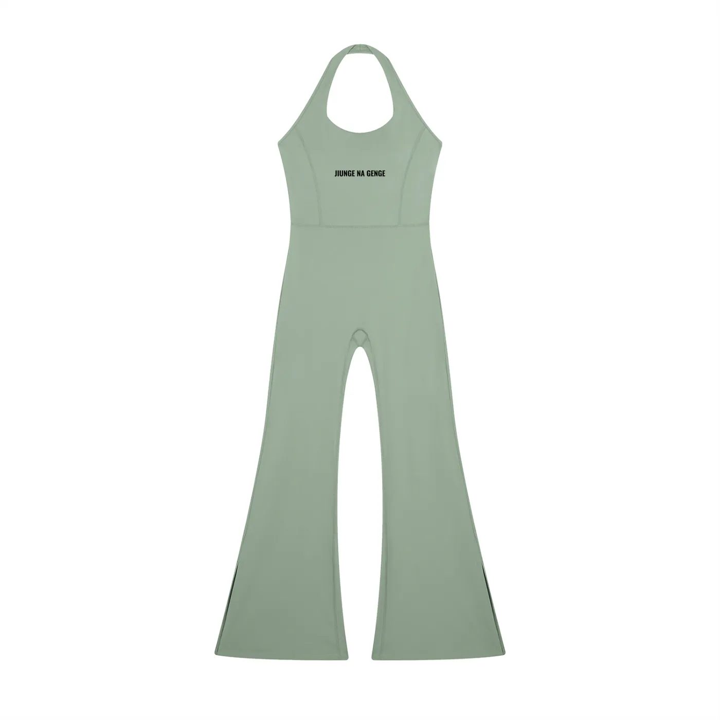 GEECHIE Women’s Halter Flared Jumpsuit — Sage Green color mockup 1