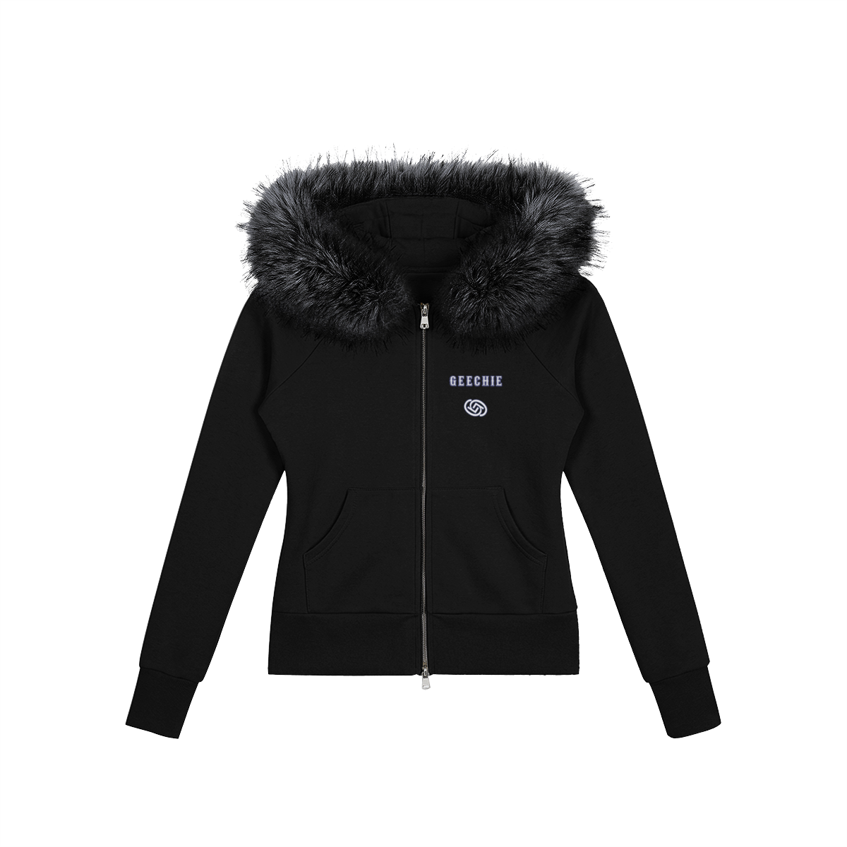 GEECHIE Women’s Faux Fur Embroidered Full-Zip Hoodie shown in black and light gray with plush trim and signature embroidery.